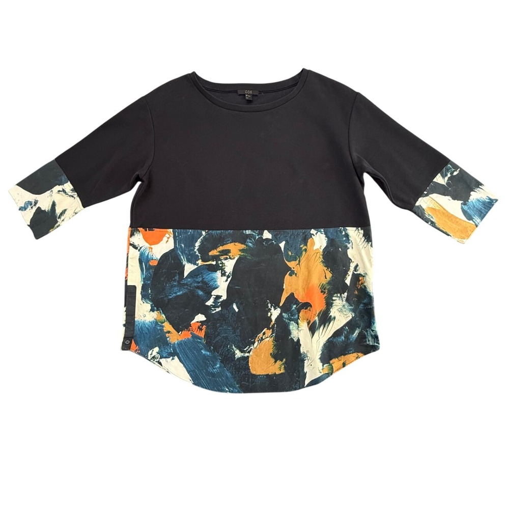 COS Women Black Knit Abstract Painterly Print Mixed Media Boxy Top Small